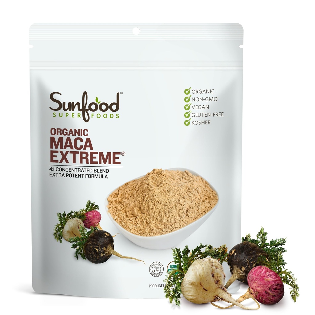 Sunfood Bio Maca Extreme - Maca Root Powder, Maca Powder Organic, supplément pour les hommes et les femmes avec adaptogènes, péruvien, cru, végétalien, poudre de Maca Premium - 8 Oz