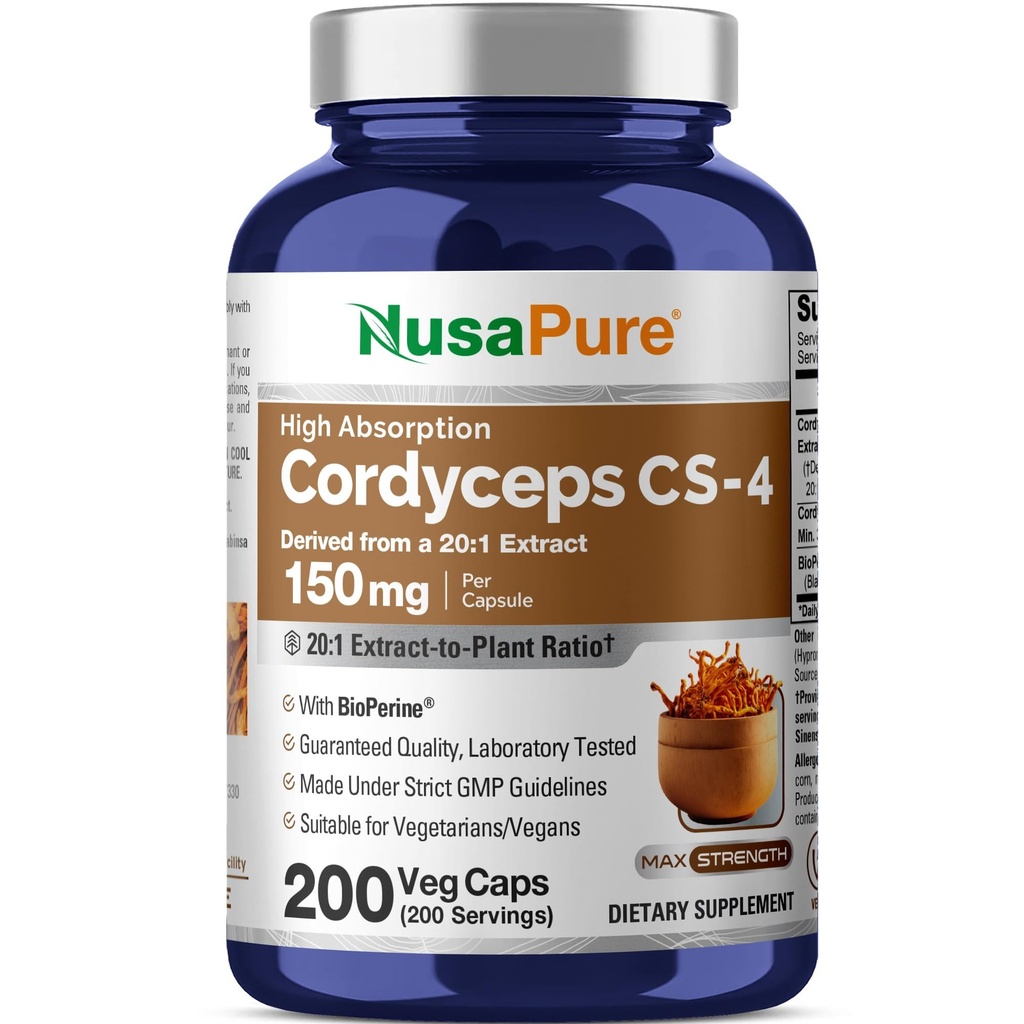 NusaPure Cordyceps 20:1 Estratto, 150 mg Equivalente a 3.000 mg 200 capsule vegetali (Sinensis CS-4, Non OGM, Vegan) Bioperine