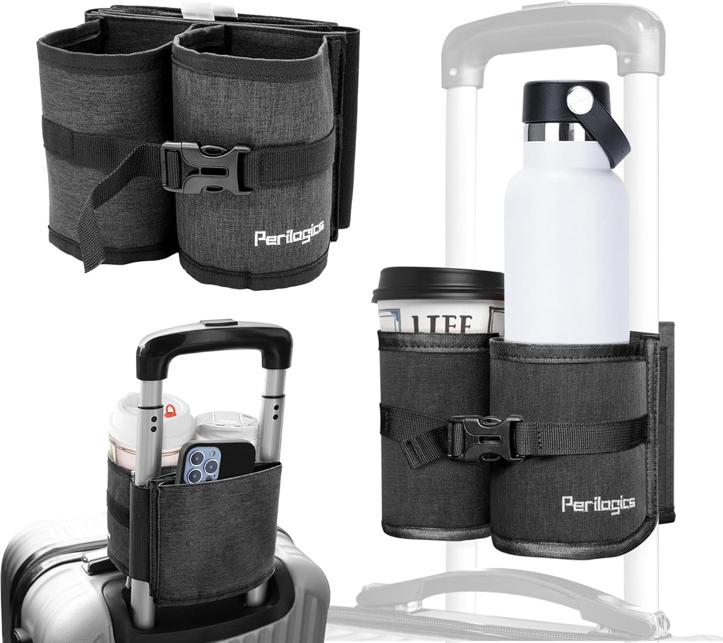 Périlogics Porte-cup de voyage de bagages Mains Free Drink Caddy pour poignée de valise. Cadeau accessoire indispensable pour les voyageurs fréquents, les agents de bord ou les enfants (Dark Gray)