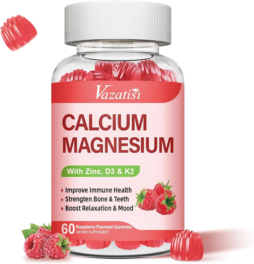 Gommies de zinc de magnésium de calcium avec vitamine D3 et K2, haute absorption de magnésium Glycinate de potassium pour l'humeur immune et calme, parfum de framboise 60 Gommies