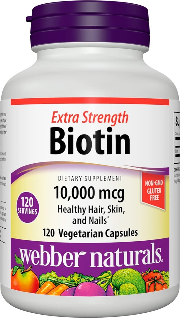 Webber Naturals Biotin 10.000 mcg, Extra Strength, 120 Kapseln, Gesundes Haar, Haut und Nägel, Vitamin Supplement, Vegan