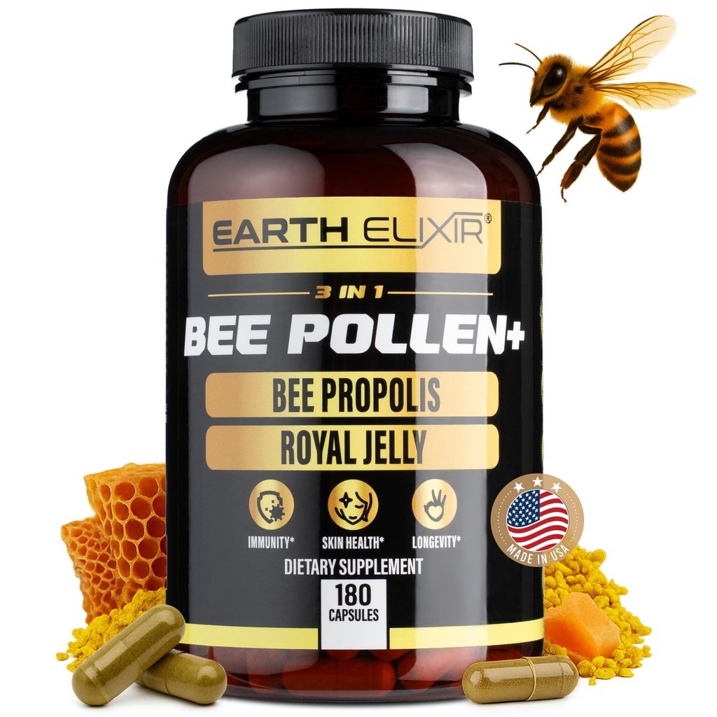 Earth Elixir 3-in-1 Organic Bee Pollen Capsule – Non OGM, Pure Raw Bee Pollen, Royal Jelly, Propolis Extract for Women & Men – Natural Energy, Immune & Vitality Support – 180 capsule di Propolis