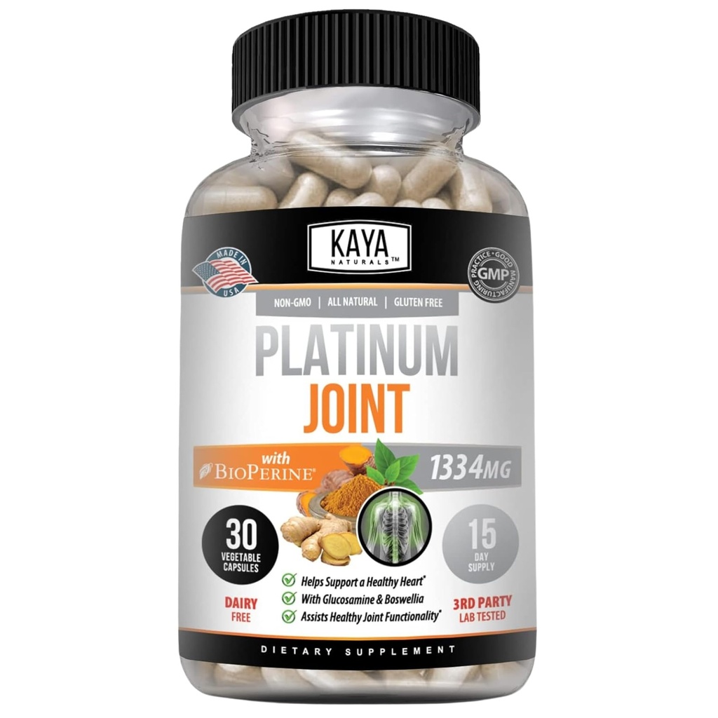 Kaya Naturals Platinum Mobility Turmeric - Bioperine, Glucosamine, Turmeric con Boswellia, Healthy Natural Mobility Support, Curcumina curcuma 1334mg - 30 Capsule