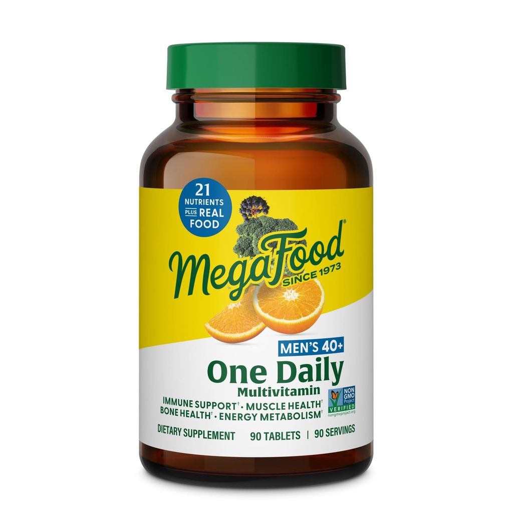 MegaFood Homme 40+ Une multivitamine quotidienne pour les hommes avec vitamine B, vitamine D3, sélénium, zinc et nourriture réelle - Soutien immunitaire, métabolisme de l'énergie et santé des muscles et des os – non OGM; Végétarien - 90 onglets