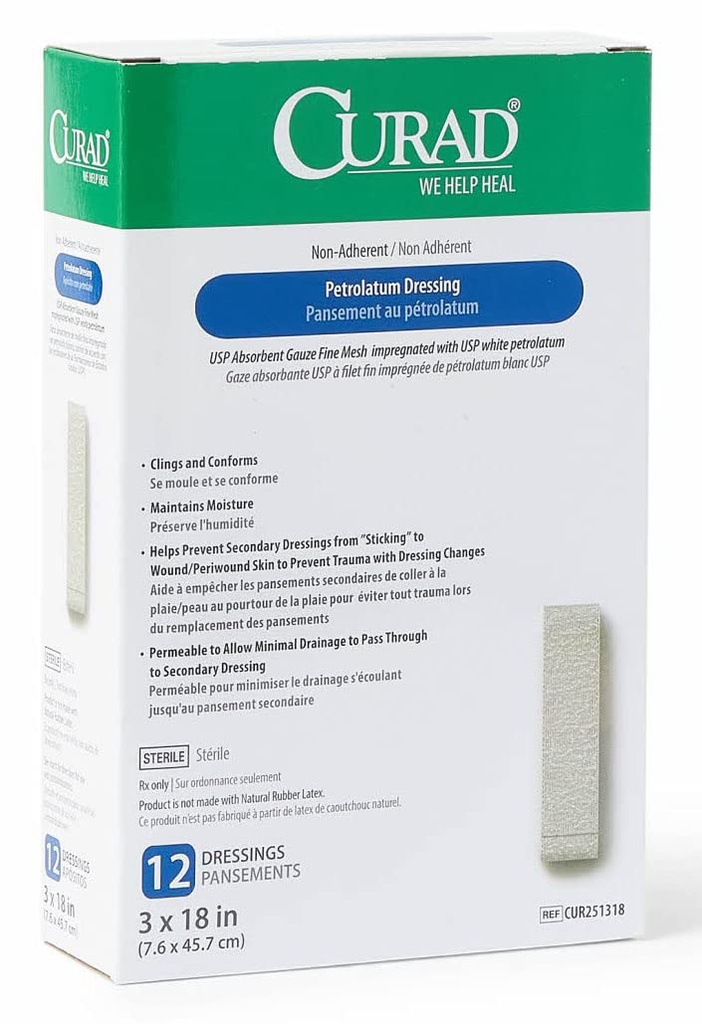 Curad Latex Sterile Latex Sans Gauze de Pétrolatum, 3" x 18" (paquet de 72)