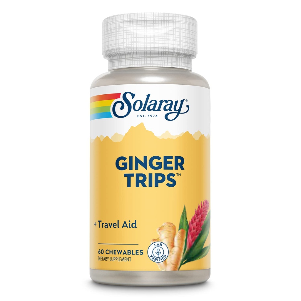 SOLARAY Ginger Trips Travel Aid | Root Extract | Gesunde Verdauungsunterstützung w/Honey, Stevia & Molasse | 60 Chewables