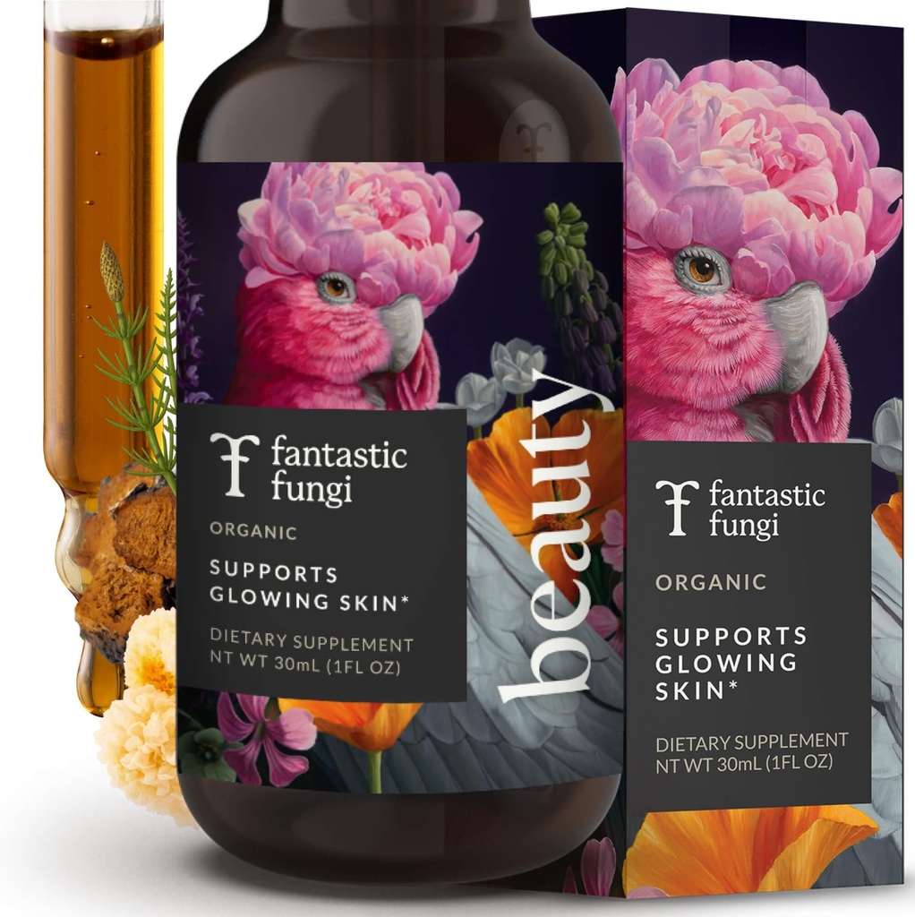 Fantastici Fungi Beauty Elixir con Tremella Mushroom Extract, Chaga Mushroom Extract, Equitazione & Acerola - Gocce organiche per capelli sani, Skin & Nails - Formulato in USA - 30 Serve, 1 fl oz