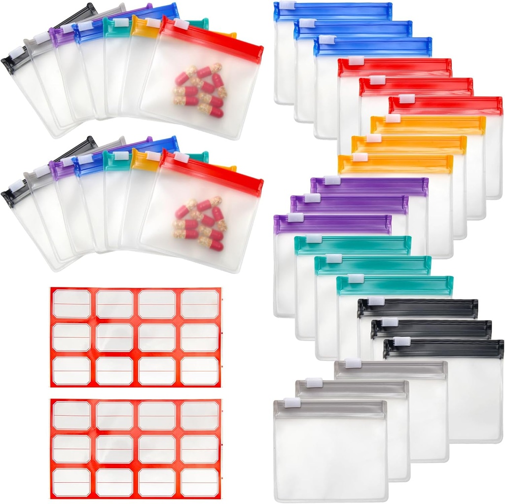 35+2 Pcs Pill Pouch Taschen Zippered Pill Pouch Set mit 2 Blatt Etikett, 7 Farben Pill Pouches für Medizin Reisen Wiederverwendbare kleine Kunststoff Pillen Taschen für Reisen/Home Tägliche Verwendung