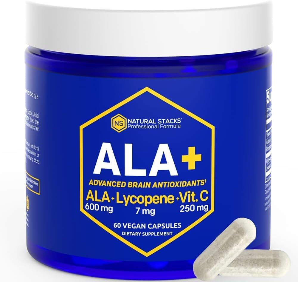 NATURAL STACKS Alpha Lipoic Acid 600mg w/Lycopen und Vitamin C - Ergänzung für Immunität und Zellfunktion - Ergänzung zur Gehirngesundheit