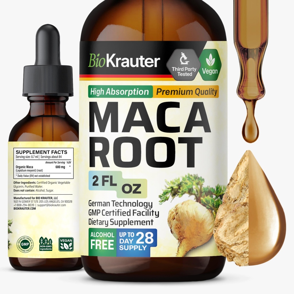 BIO KRAUTER Maca Root Liquid Drops - Maca Root Tincture - Vegan, Zucker & Alkohol freier Extrakt 2 Fl.Oz.