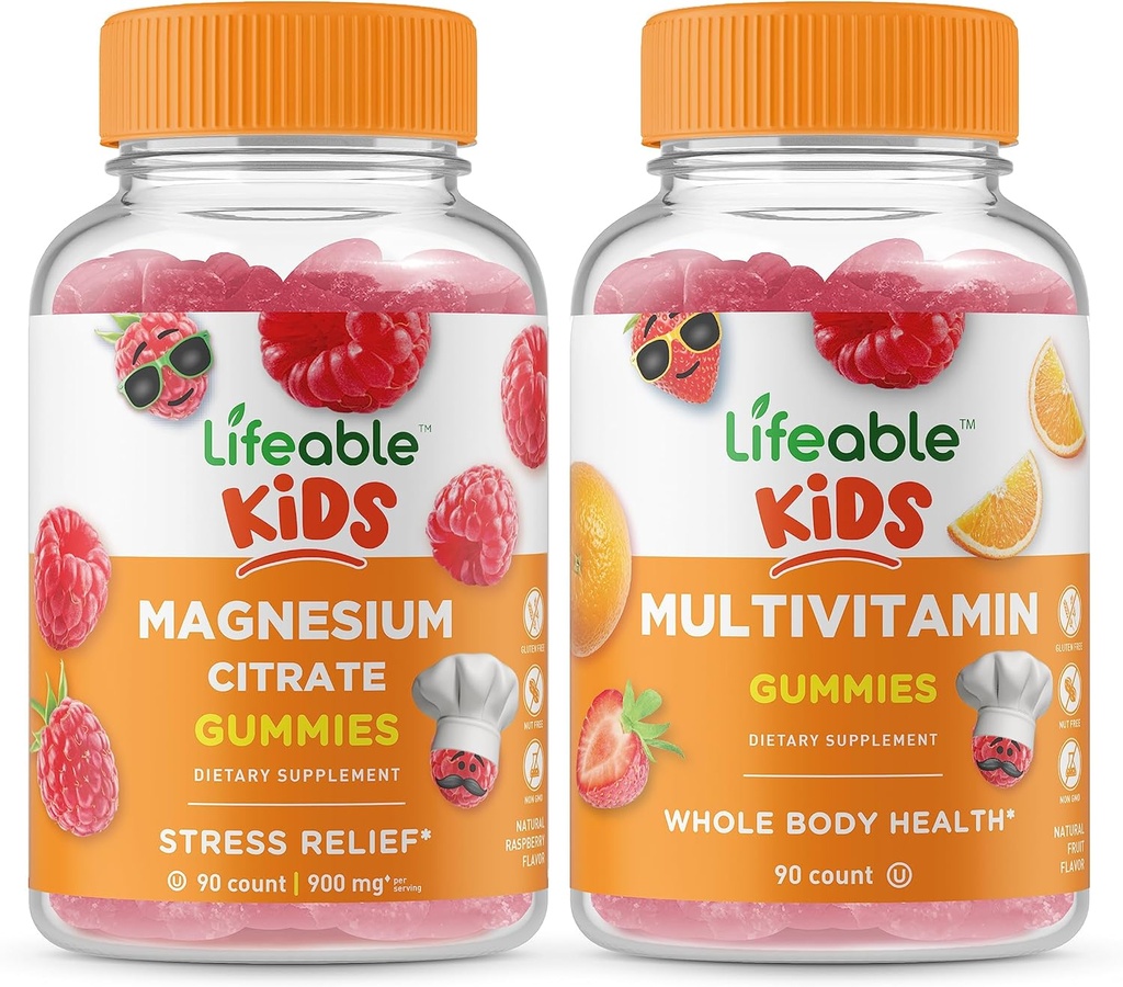 Magnésium Lifeable Enfants + Multivitamine Enfants, Gummies Bundle - Grande dégustation, supplément de vitamine, sans gluten, sans OGM, gummy à croquer