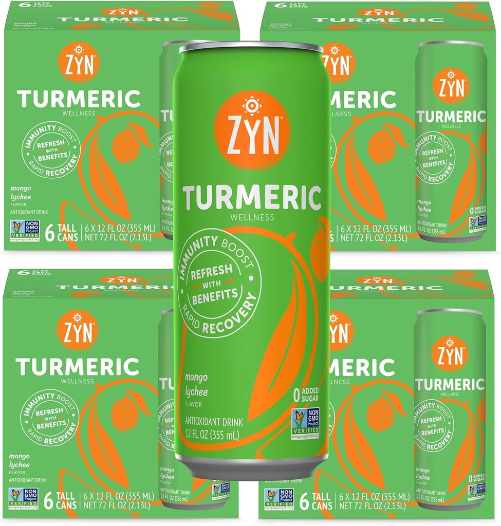 ZYN Turmeric Wellness Drink (24 Pack), Mango Lychee Flavored Turmeric Curcumin Getränk mit schwarzem Pfeffer, kein hinzugefügter Zucker, Low Carb & Low Calorie Getränk, Clean Alternative