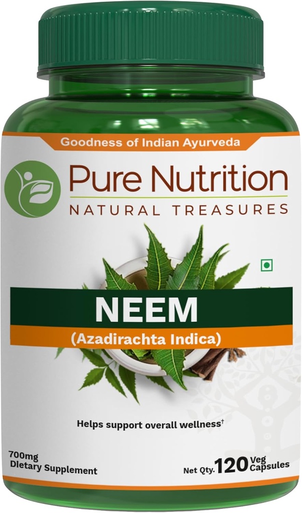 Pure Nutrition Neem Capsules 700mg. (Equivalente a 2600mg Neem Leaf Powder e Bark Powder) Non OGM | Una volta al giorno | 120 giorni di alimentazione.