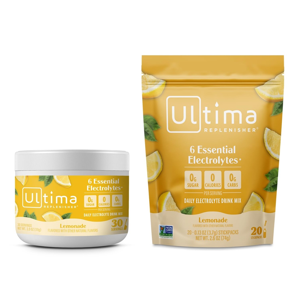 Ultima Replenisher Mélange de poudre d'électrolyte – sans sucre – Cimonade, 30 boîtes de service et 20 sacs à bâtons – 6 électrolytes et minéraux – Keto Friendly, Vegan, Non-OGM