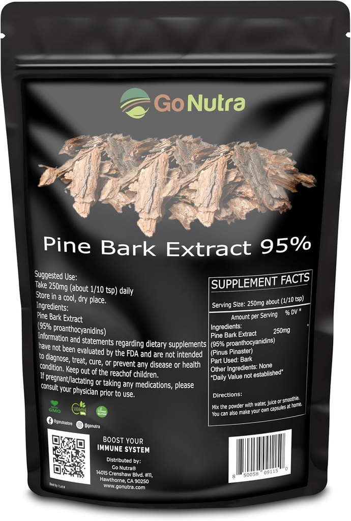 Go Poudre d'extrait de pin Nutra Standardisée 95% Proanthocyanidines Poudre d'écorce de pin Supplément Potentiel 8oz.