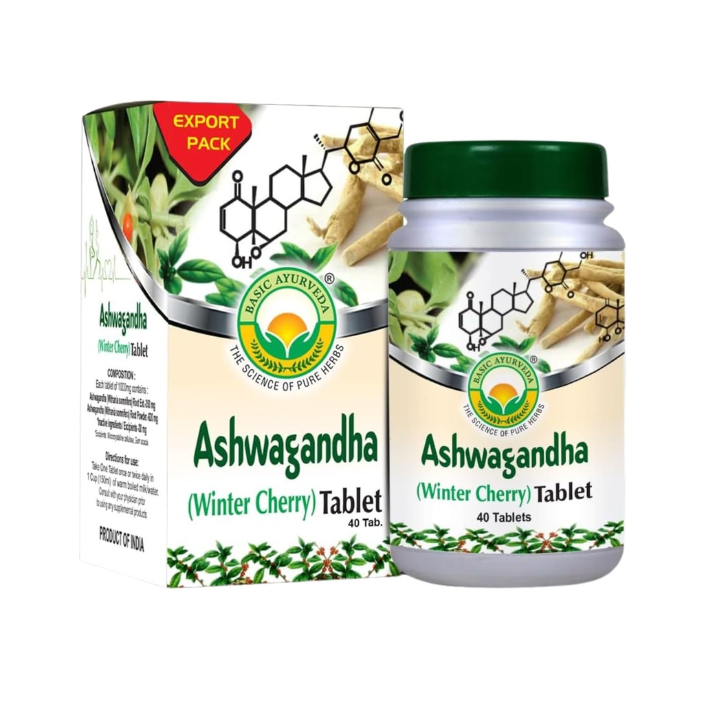 BASIC AYURVEDA Ashwagandha Tablets - 1000mg | Winter Cherry Kräuterergänzung | Pflanzenbasierte Formel für tägliche Routine | Natürliche Wurzelextrakt für Männer und Frauen | 40 Tabletten