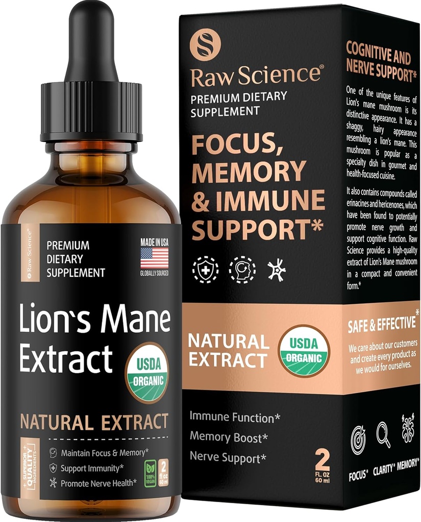 Estratto di supplemento di Lions Mane Organic - Supplemento di supporto del cervello di Nootropics liquido - Lion Mane per maggiore concentrazione mentale & Clarity - Liquido di mane del leone - Supplemento di funghi nootropici - Vegan, 2 fl oz