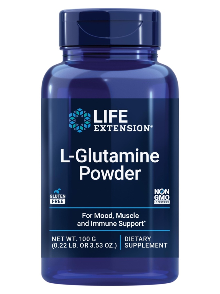 Estensione della vita Polvere di L-Glutamina, Aminoacido, Supporta la salute muscolare e la salute immunitaria, senza glutine, non OGM, Vegetariano, 100 Grammi