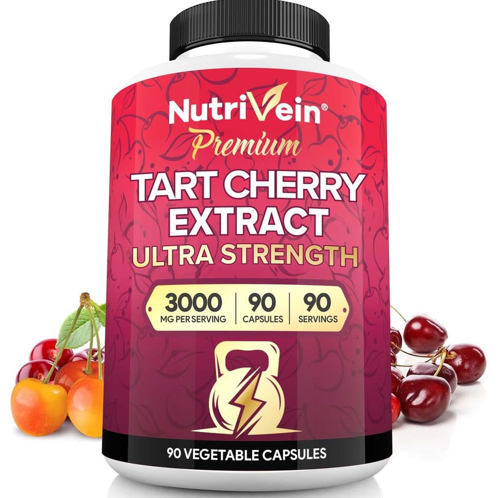 Nutrivein Premium Tart Cherry Capsules 3000mg: Ultra Strength Tart Cherry Extract Supplement für Post-Athletic Recovery, Detox, Rest, & Mobilität