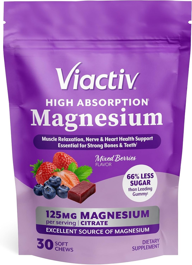 Viactiv Magnesium Chews, Citrato di Magnesio ad alto assorbimento, Aroma di bacche miste con meno zucchero che piombo Magnesio Gummies, 30ct, 1pc Serving