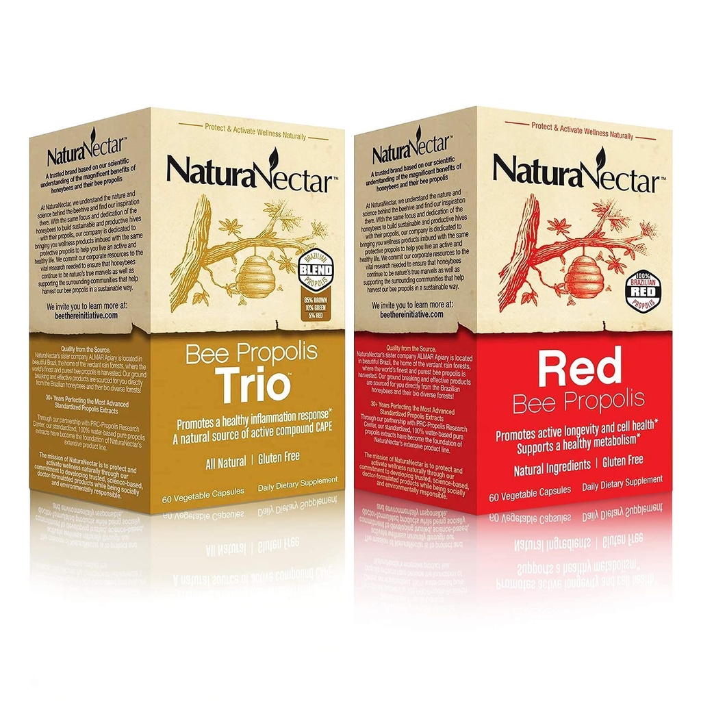 NaturaNectar Natural Bee Propolis Bundle - Trio und Red Propolis - für Immun- und Herz-Kreislauf-Unterstützung und einen gesunden Stoffwechsel* - 60 Kapseln pro Flasche
