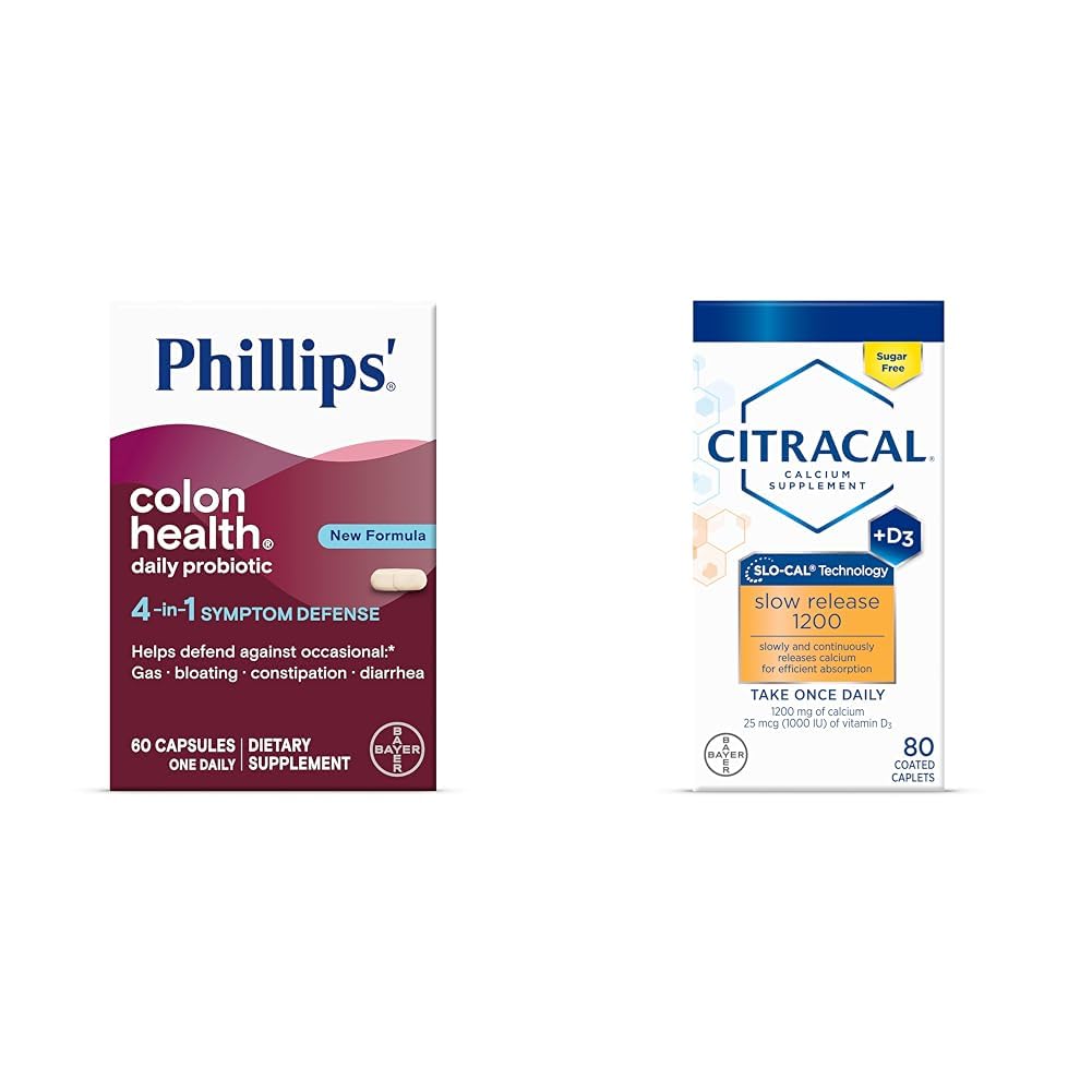 Phillips' Colon Health Daily Probiotic Capsules, 4-in-1 Symptom Defense & Citracal Slow Release 1200, 1200 mg Calcium Citrat und Calciumcarbonat Mischung