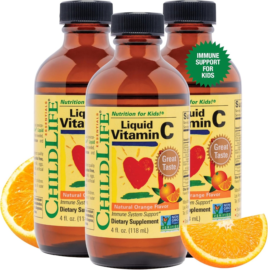 ESSENTIELS ENFANT Vitamine liquide C - Supplément liquide en Vitamine pure C pour enfants, système immunitaire, grand goût - Orange naturel, 4 Fl Oz (paquet de 3)