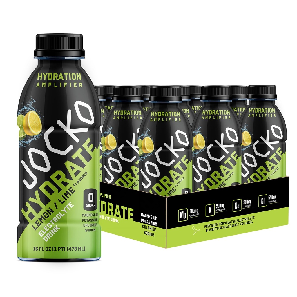 Jocko Fuel Hydrate Electrolyte Drinks - Amplificatore per l'idratazione della bevanda sportiva, Thirst Quencher - miscela elettrolitica scientificamente formulata Lemon-Lime 16 Oz (12 Pack)