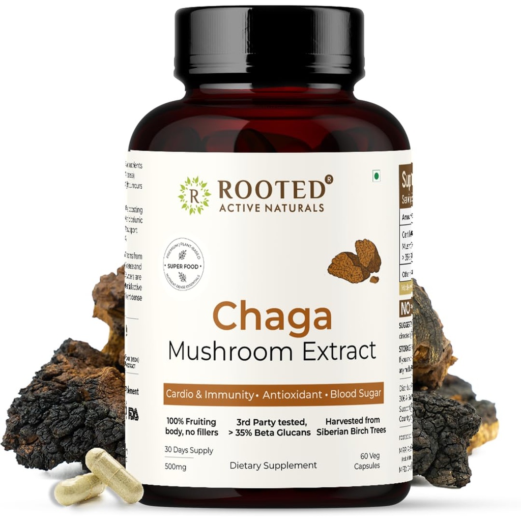 ROOTED Actives, Sibirische Chaga Pilzextrakt, Certified Organic| 35% Beta Glucans - Lab Verified | Antioxidant & Vitality Support (60 Veg Caps)