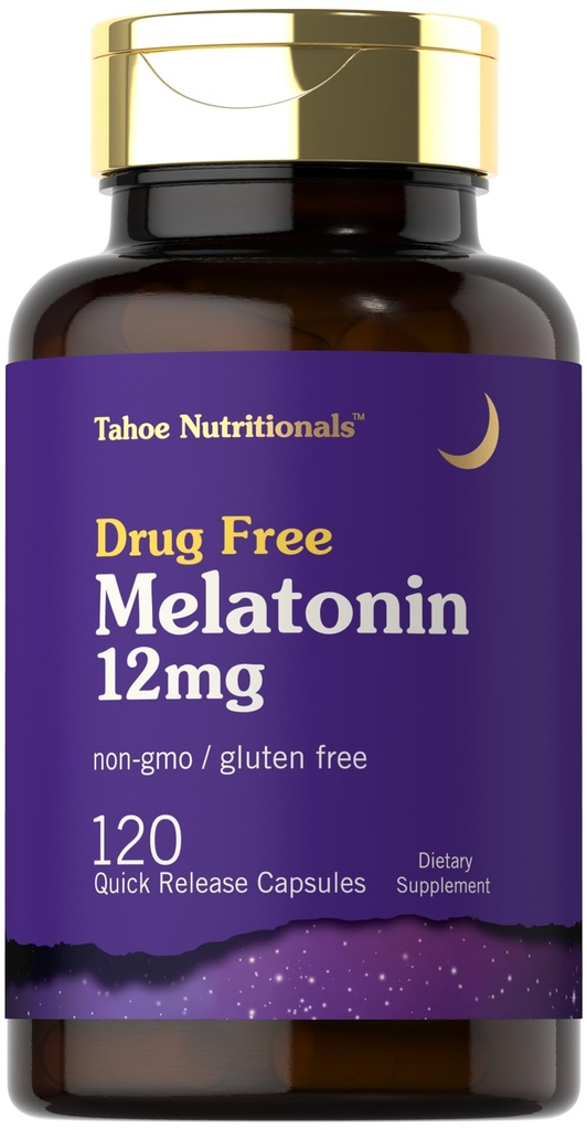 Tahoe Nutritionals Mélatonine 12 mg 120 Capsules à libération rapide Supplément sans médicament , sans OGM, sans gluten