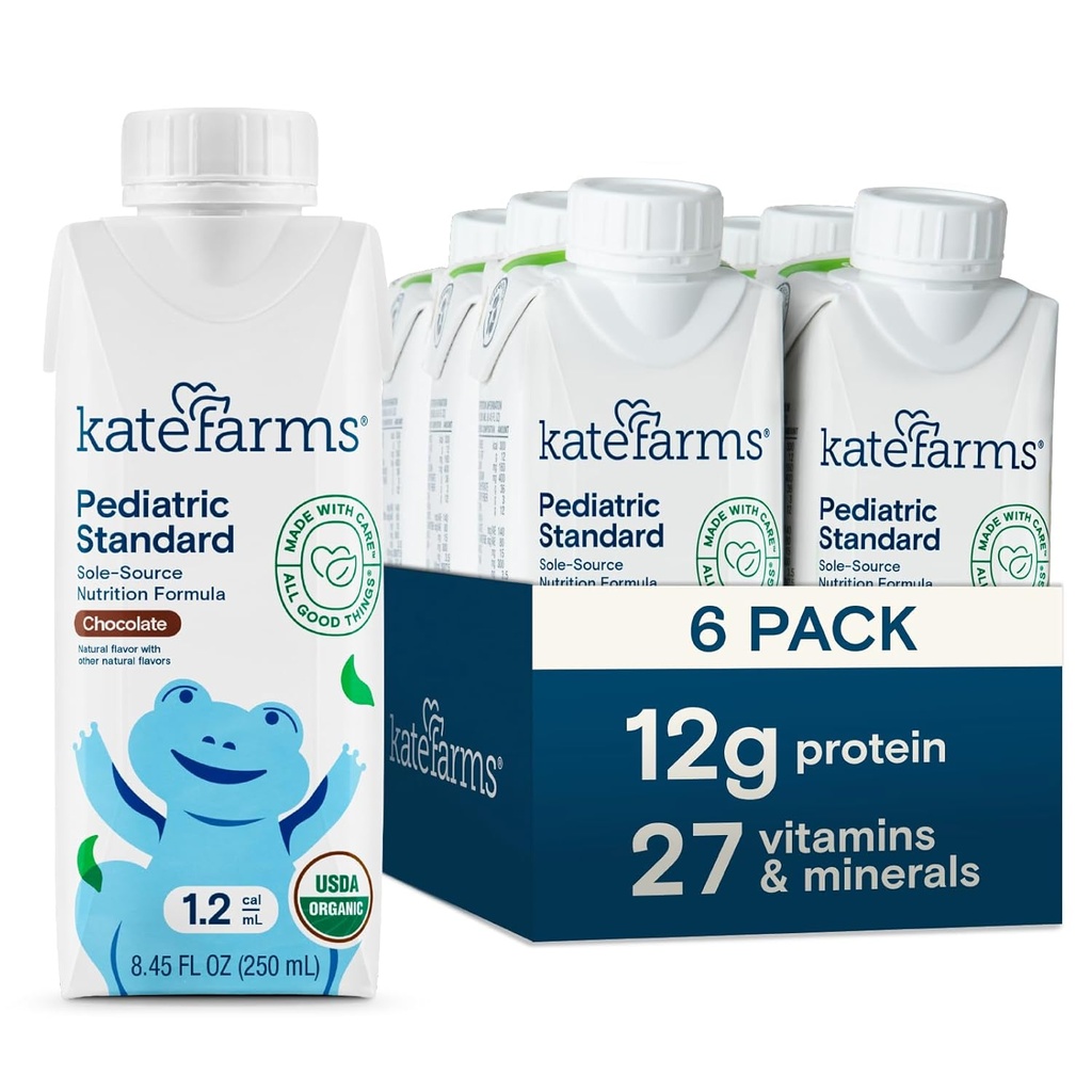 KATE FARMS Organic Pediatric 1.2 High Calorie Chocolate Nutrition Shake, 12g Protein, 27 Vitamine und Mineralstoffe, Meal Replacement, 8.45 oz (6 Packung)