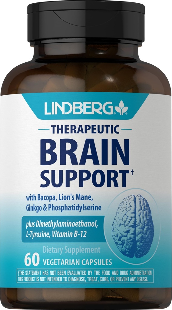 Lindberg Supplément de soutien du cerveau pour les femmes et les hommes 60 Capsules de complexe Pills de complexe avec Phosphatidylsérine, Lamane du Lion, Vitamine B12.