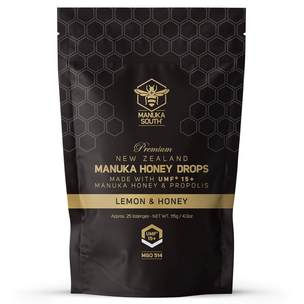 Gocce di miele di Manuka UMF 15+ / MGO 514+ & Propolis Gocce realizzate in Nuova Zelanda – Ingredienti naturali – Gocce di lenitura – Limoni & Miele Flavor - 25 gocce