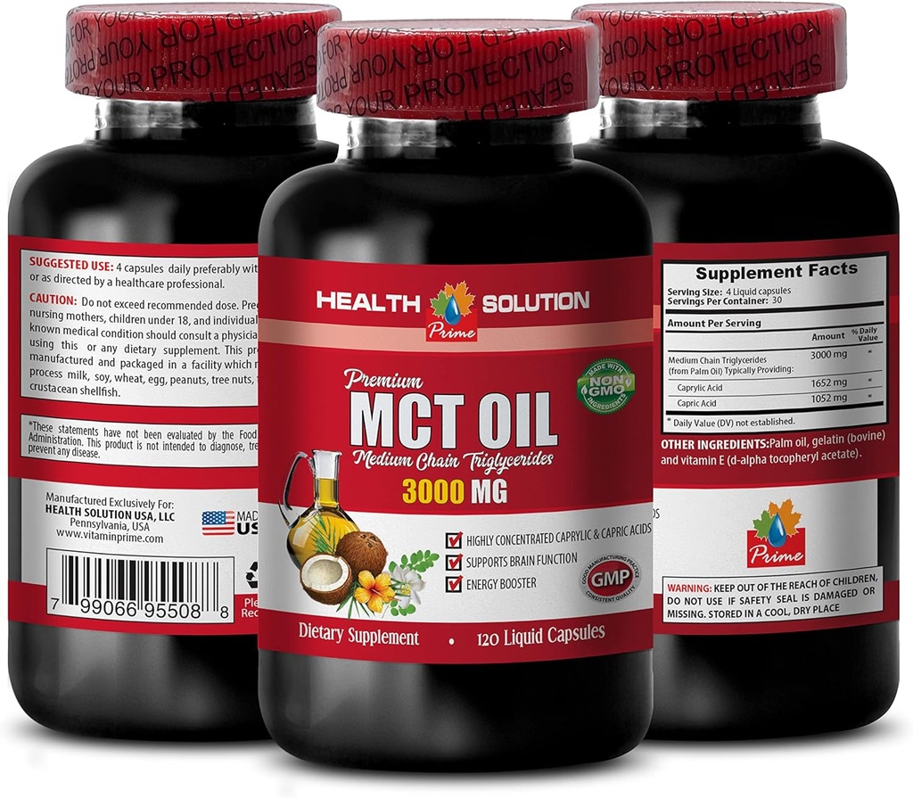 Integratori di supporto energetico - Olio MCT 3600MG, 100% puro, trigliceridi a catena media - olio mct realizzato con olio di cocco, pillole di olio di mct, olio di mct per la memoria, olio di mct per il cervello, olio di cocco mct - 1B 120Soft