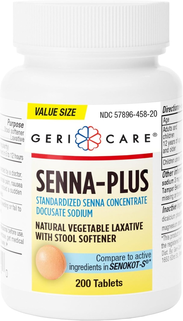 GeriCare Senna Plus Natural Laxative mit Hocker Weichspüler, Docusate Sodium 50mg, Sennosides 8.6mg, 200 Tabletten (Pack von 1)