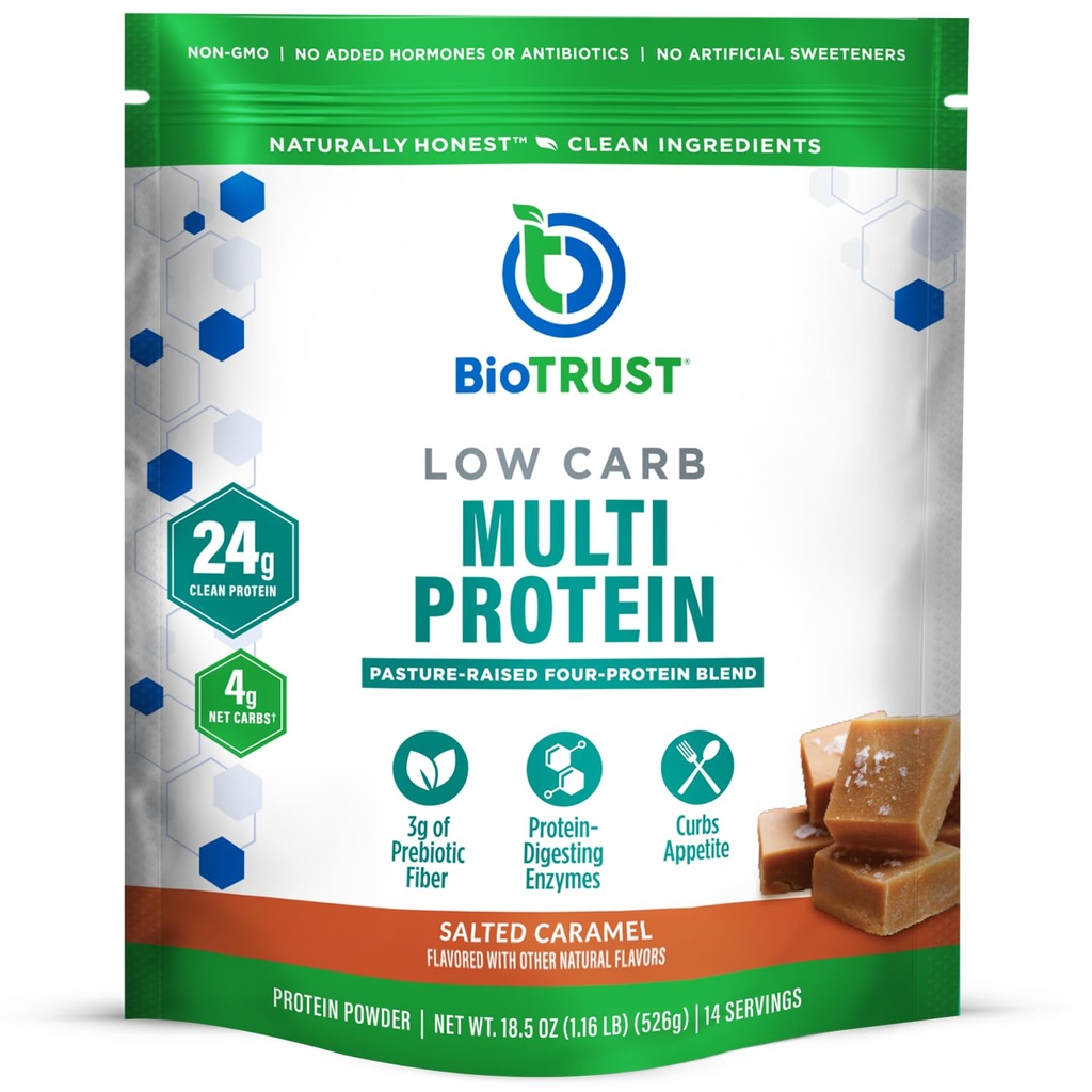 BioTrust Low Carb Protein Powder - Healthy Isolated Whey Protein Powder and Casein Blend from Grass-Fed, Pasture-Raised Cattle, Plus Digestive Enzymes - Salted Caramel, 14 Servings