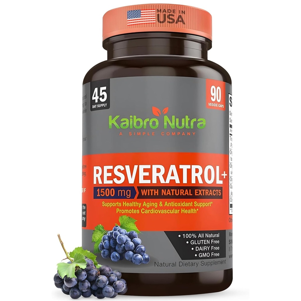 Kaibro Nutra Resveratrol Ergänzung, 1500mg Extra Strength Trans Resveratrol, Quercetin mit japanischen Knotweed Extrakte, Anti-Aging, Radiant Haut und Immunität Unterstützung, Vegan & Non-GMO, 90 Kapseln