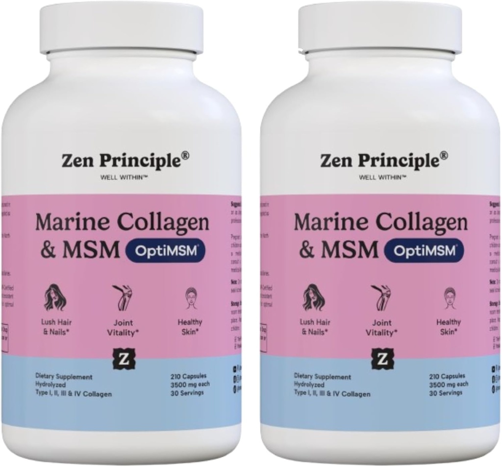 Polvere di peptidi di collagene marino di principio Zen con supplemento OptiMSM®. Clinicamente testato per il supporto della pelle. Pesce selvatico, non OGM. 420 capsule.