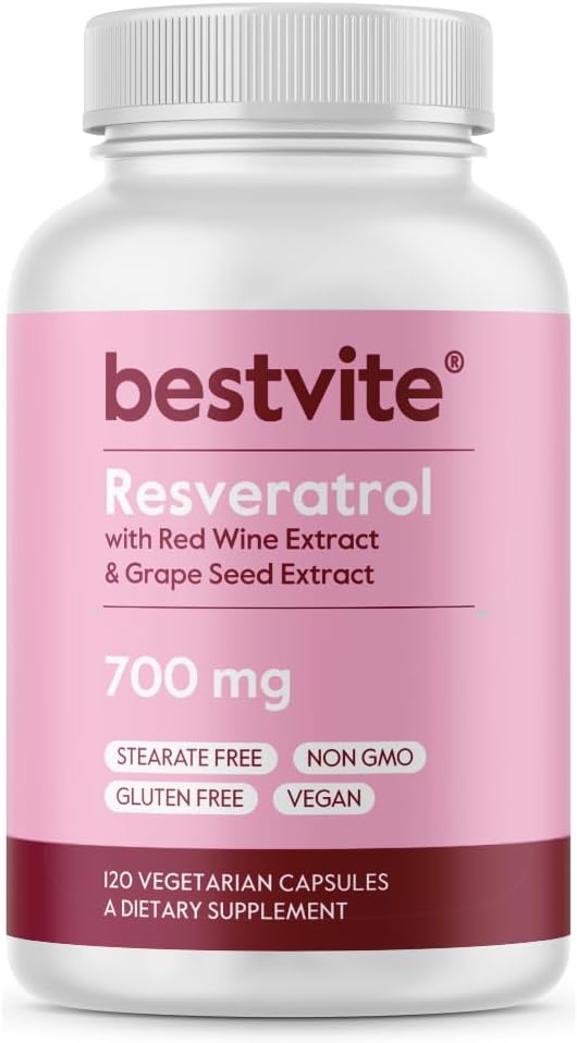 BESTVITE Resveratrol 700mg (120 vegetarische Kapseln) mit Rotwein Extrakt & Trauben-Sädtchen Extrakt - Standardisiert zu 50% TransResveratrol - No Stearates - Vegan - Non GMO - Gluten Free
