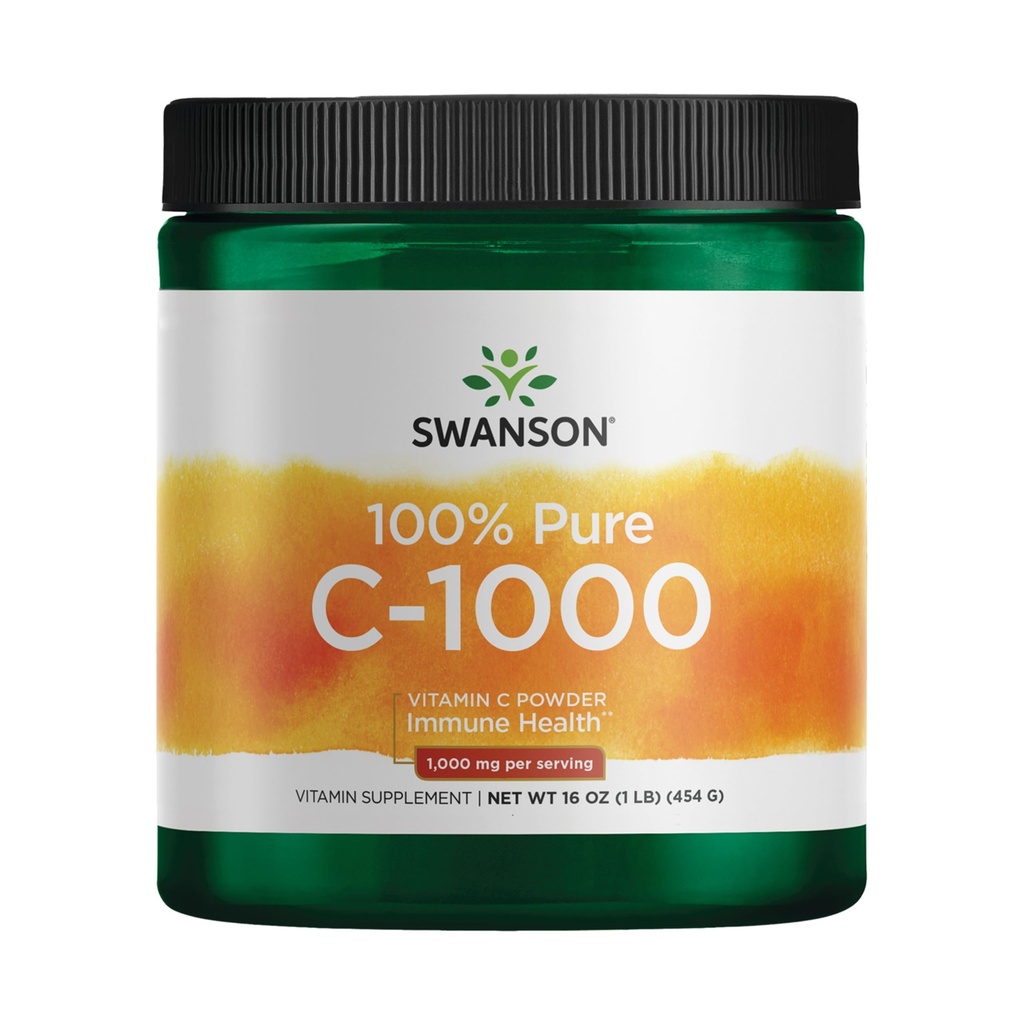 Swanson Vitamine C poudre Acide ascorbique pur à 100%, système immunitaire, santé de la peau, santé cardiovasculaire, supplément antioxydant 1000 mg (par portion) 1 lb. 454 g