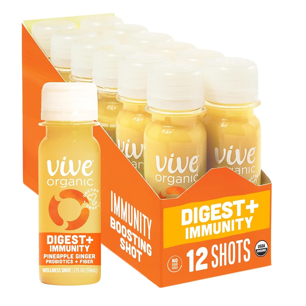 Vive Organic Digest + Immunity Dual-Boost Shot, Cold-Pressed Aloe Vera, Sidro di Mele, Probiotici, Fibra 2g, Gluten Free, Vegan, 2 Fl Oz (Pack of 12)