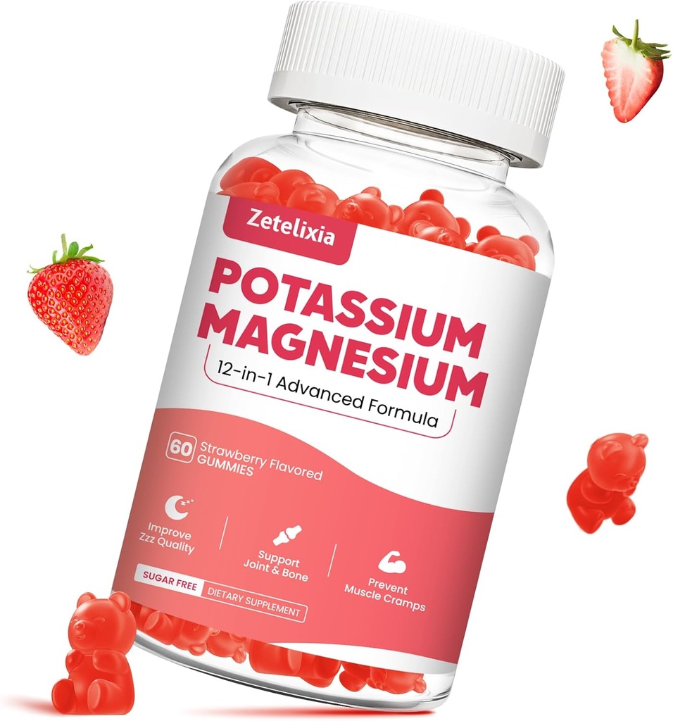 Kalium Magnesium Ergänzung Gummi für Erwachsene Kinder, Magnesium Glycinat & Kalium Citrat, Plus Multivitamin, Omega-3 & Schwarz Pfeffer, Leg Cramps, Muskel & Herz Gesundheit, 60ct