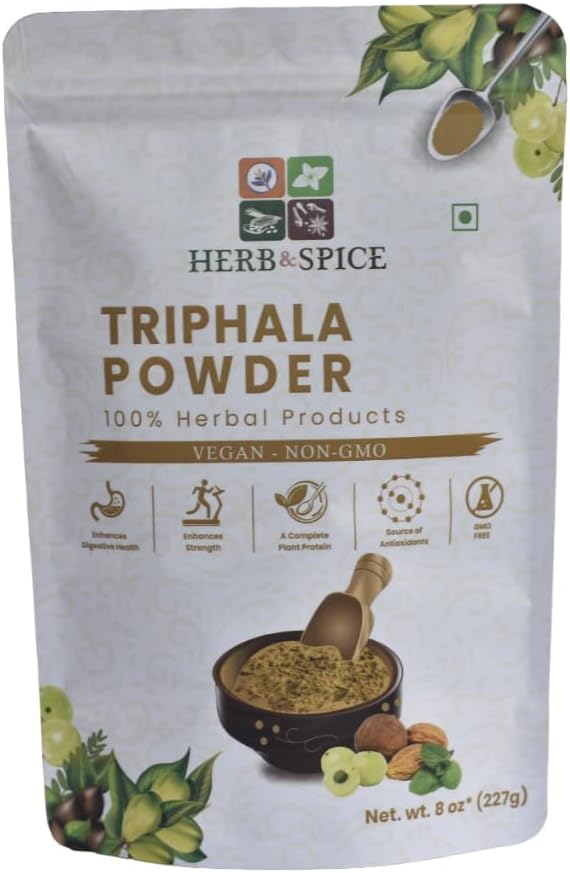 Poudre de Triphala non OGM, sans gluten, 100% brut, provenant de l'Inde, formule à base de plantes d'Amla, Haritaki, Bibhitaki, emballé dans une poche à fermeture éclair refermable (227 Gram)