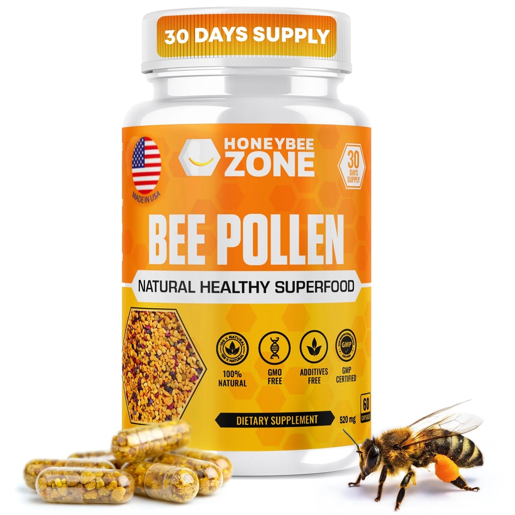 Integratore di polline d'api 100% Natural Raw Bee polline in capsule vegetali Fermentato Polline Multivitamina, Superfood Probiotico, Proteine Vitali, Aminoacidi, Supporto Immune &Energy 60 capsule di polline