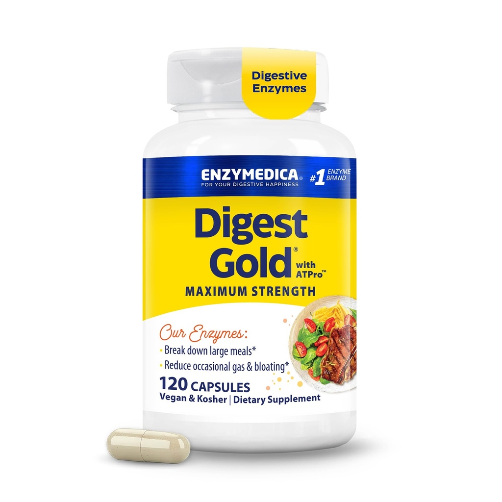 Enzymedica Digest Gold + ATPro, Enzymes digestives à force maximale, aide à digérer les repas gros, pour le gaz et le ballonnement, 120 Capsules