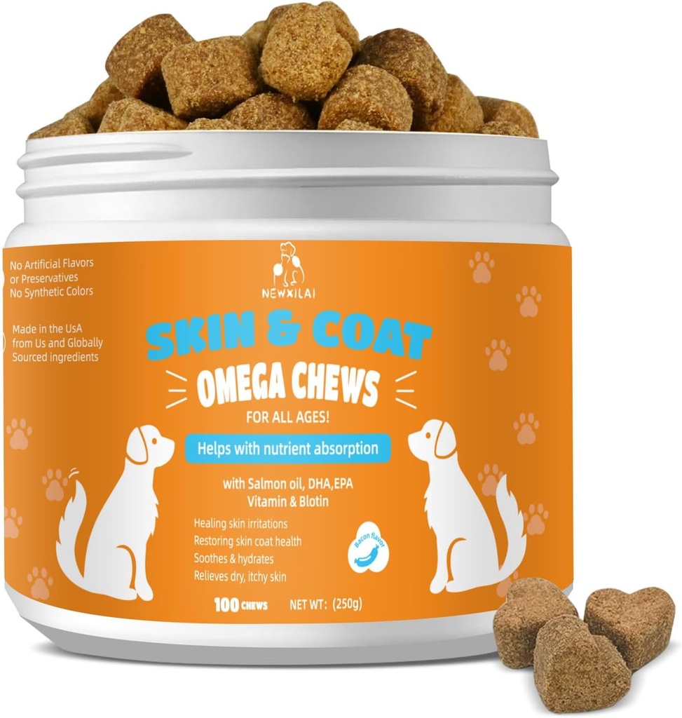 Haut- und Mantel Chews für Hunde - juckende Haut Hunde-Ergänzung Hot Spots Comfort und Shedding Allergy Joint Health mit Omega 3 Fischöl, EPA & DHA Fettsäuren, Bacon Flavor 100 Count Softs Treats