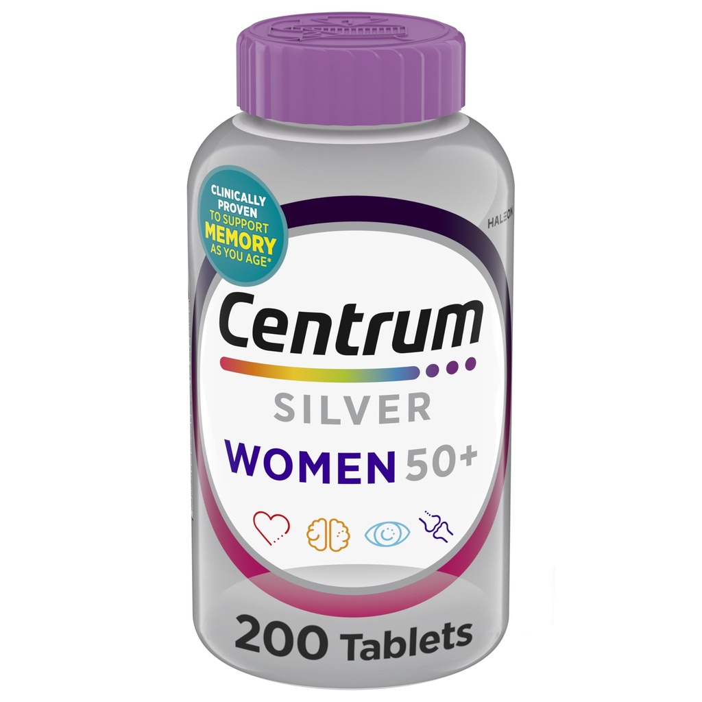 Centrum Silver Women's Multivitamin for Women 50 Plus, Multivitamin/Multimineral Supplement mit Vitamin D3, B Vitamine, Non-GMO Zutaten, unterstützt Gedächtnis und Kognition bei älteren Erwachsenen - 200 Ct