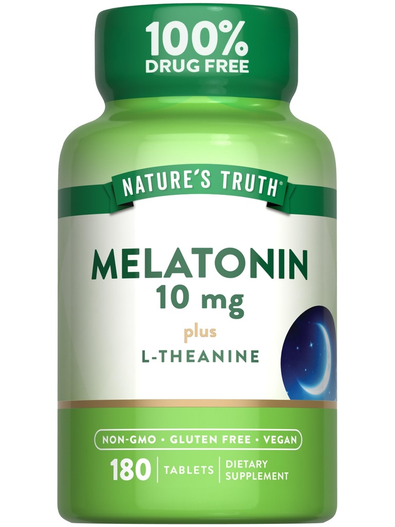 Nature's Truth Melatonin Comprimés $ 10mg $ 180 Comte $ avec L-Theanine $ Supplément sans drogue 100% pour les adultes $ Vegan, non-OGM et supplément sans gluten