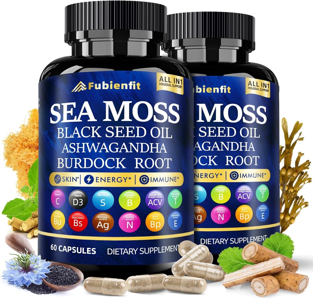 (2 Pack) Organic Sea Moss Capsule - Contain seamoss Black Seed Oil ashwagandha Burdock Root Ginger & Essential Vitamins - Superfood per Immune Boost, Salute Digestiva, e Total Wellness