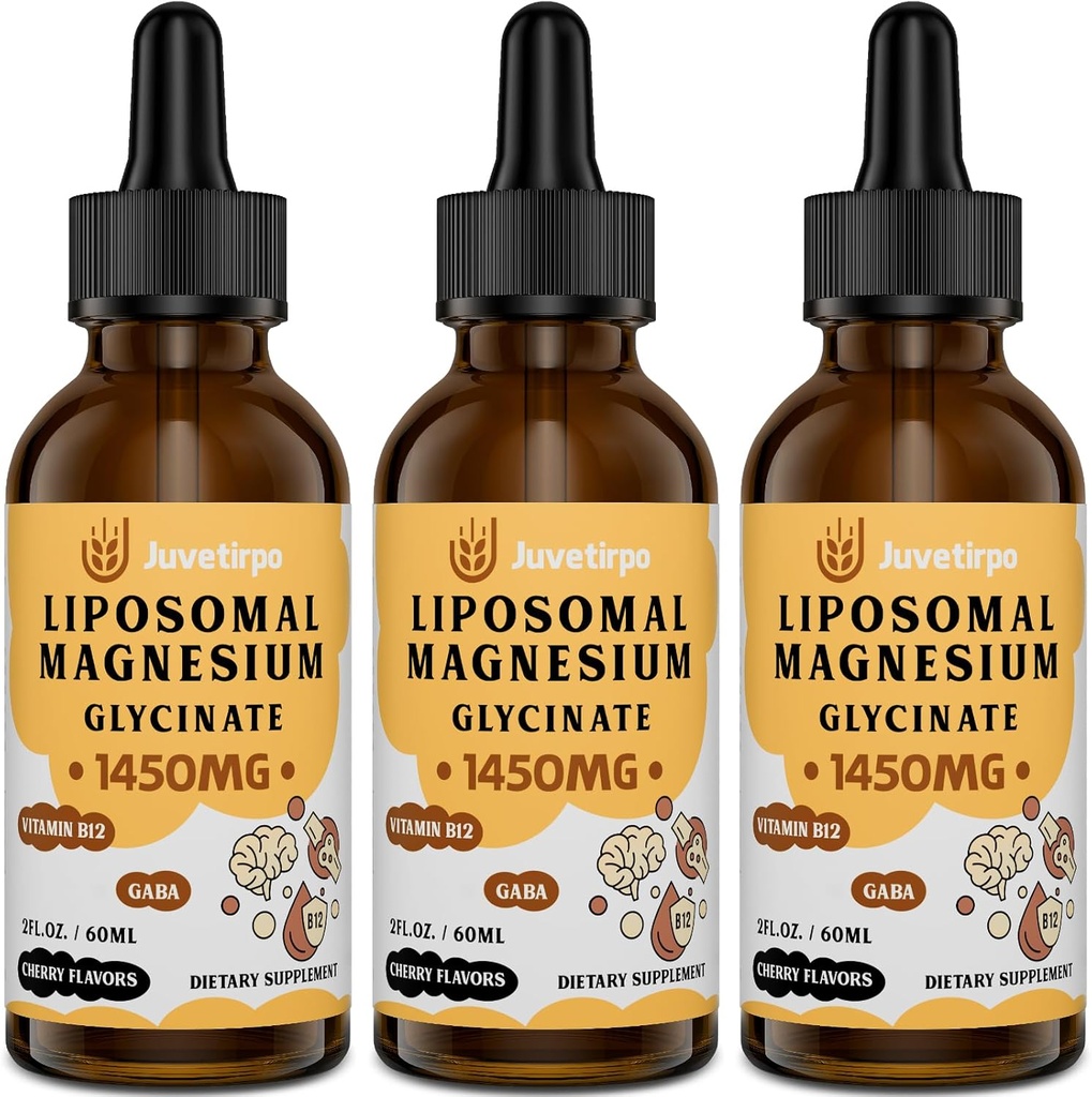 Magnesio Glycinate Liquid Drops - Liposomal Chelate con Cherry Flavor per Facile Assorbimento, Promuove Sonno, Mood, Intestinal & Bone Salute, Riduce Stress - 60ML (2.04 Fl Oz (Pack of 3))